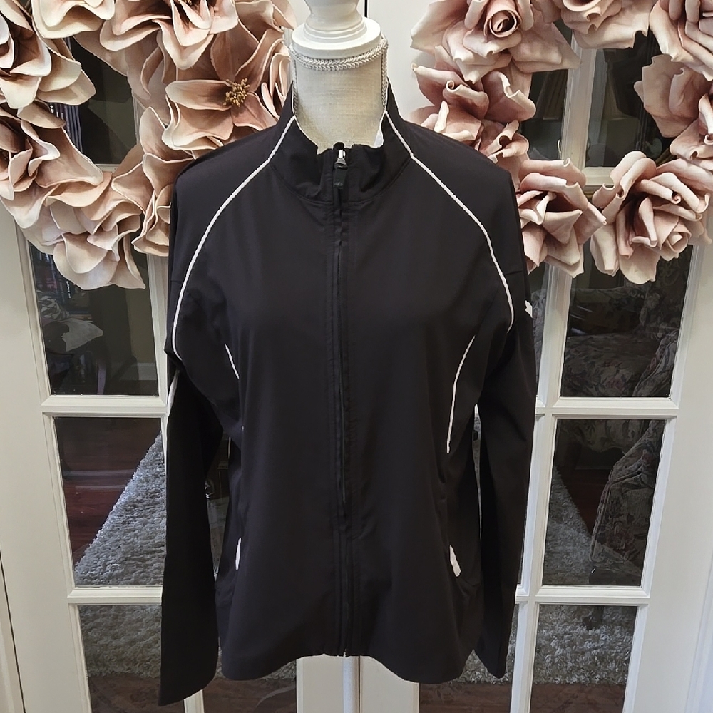 NordicTrack Black Jacket Off White Trim Stretch Lightweight Size Large Excellent